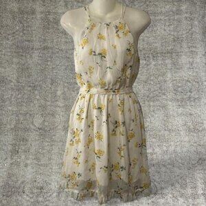 abercrombie Yellow floral halter dress with ruffle trim and tie waist